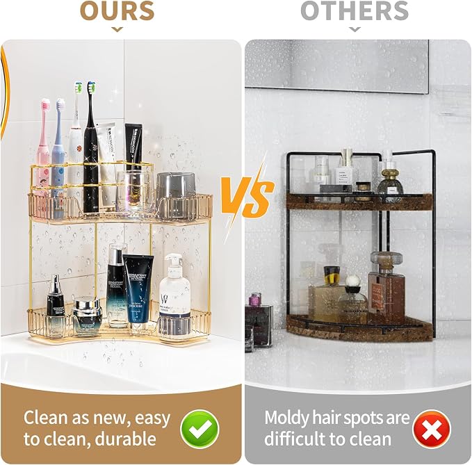 Upgraded 2-Tier Corner Bathroom Countertop Organizer – Spacious Storage for Makeup, Skincare & Perfumes, Built-in Brush Holder Fits Vanity/Dresser/Bsthtub (Vintage Gold) - Image 4