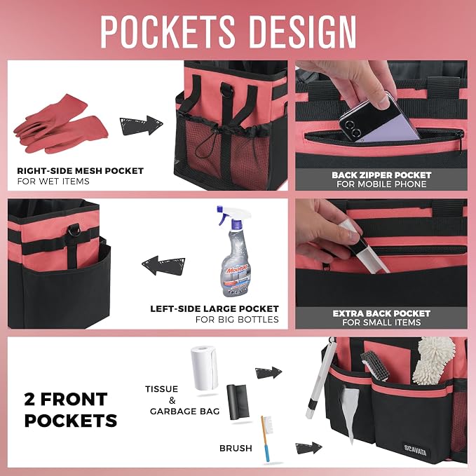 SCAVATA Compact Wearable Cleaning Caddy with Handle & Shoulder Straps | Small Cleaning Supplies Organizer, Under Sink & Car Cleaning Tools Storage Bag for Housekeepers Cleaners, Coral Pink - Image 2