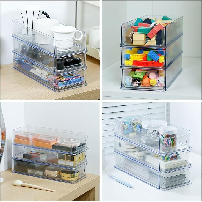 3 Tier Stackable Storage Drawer Organizer, Clear, Small | Plastic, Narrow Pull Out Container, For Under Sink, Corner, Kitchen Cabinet, Coffee bar, Pantry, Laundry, Countertop - Image 5