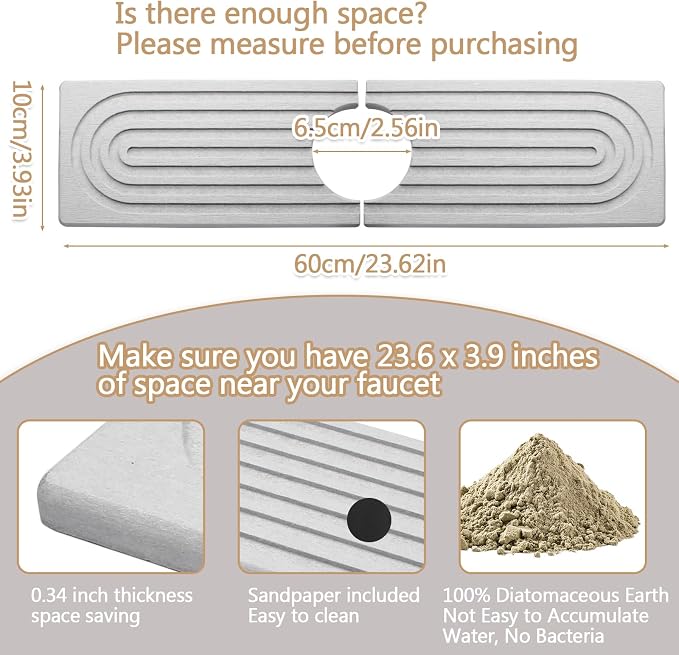 Jiozermi 23.6" Diatomite Faucet Mat for Kitchen Sink, Light Grey | Diatomite Stone Sink Tray, Faucet Sink Splash Guard, Absorbent Mat, For Kitchen Bathroom Faucet Sink, 23.6" x 3.9" - Image 2