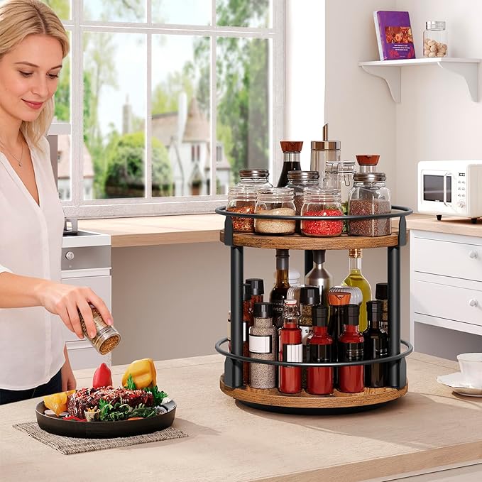 Lazy Susan Organizer, Rotating Spice Rack, 2 Tier Spice Turntable Organizer, Industrial Turntable Spice Holder, for Kitchen Countertop and Cabinet, Compact and Versatile, Rustic Brown SR22BR - Image 4