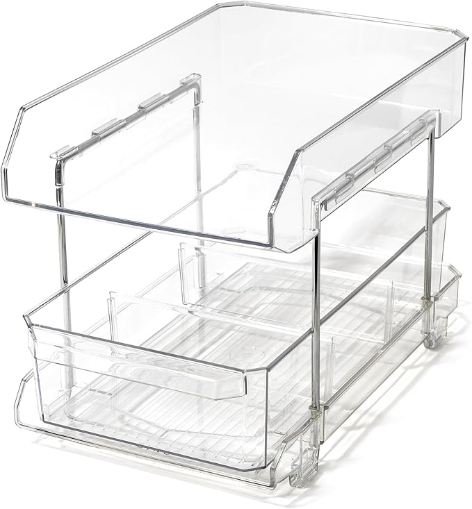 BINO 2 Tier Clear Storage Organizer with Dividers | Bottom Slide Out Drawer for Under Sink, Medicine Cabinet | Bathroom Closet, Vanity, Pantry Organizer | Under Cabinet Storage for Bathroom & Kitchen by BINO