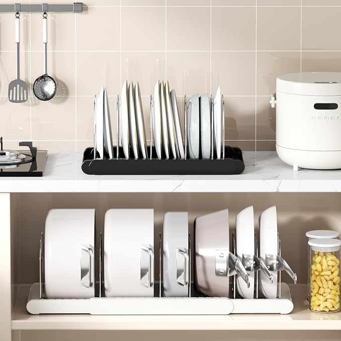 Expandable Pots and Pans Organizer Under Cabinet, Pan Organizer Rack with 9 Adjustable Slots, Pot Lid Holder for Cabinet, Countertop, Plates, Cutting Boards, Baking Sheets-White - Image 9
