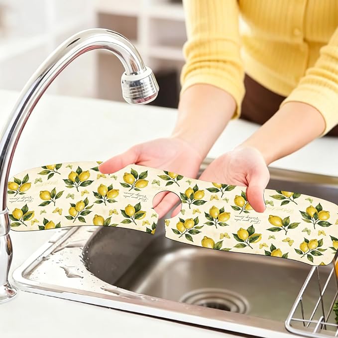 2 Pcs Kitchen Sink Splash Guard Faucet Mat Vintage Lemon Faucet Mat for Sinks Butterfly Absorbing Drying Mats for Kitchen Bathroom, 23.6x5.5inch - Image 6