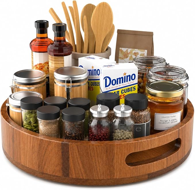 Wooden Lazy Susan – 12 in Acacia Wood Turntable Organizer for Cabinet，Multi-Purpose Home Decor Rotating Tray for Bathroom Accessories, Bedroom Makeup Organizer & Countertop Storage by MinBoo