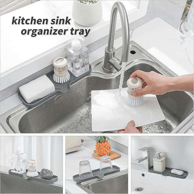 MicoYang Silicone Soap Dish with Drain Spout — Self-Draining Double Sink Organizer Tray for Kitchen & Bathroom, Dispensers, Sponges & Soap Holder, Non-Slip & Dishwasher Safe, Grey (Large, 12"×4") - Image 5