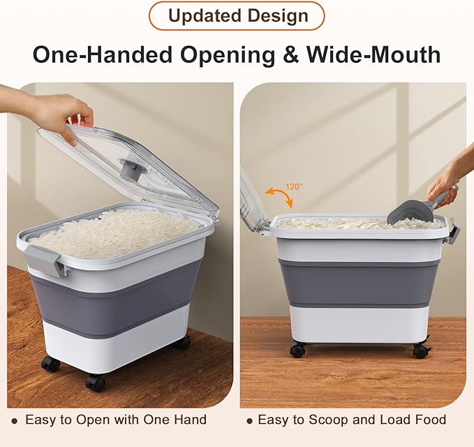 Rice Storage Container, Collapsible Airtight Food Storage Containers 20-30lbs with Clear Lid and Wheels, Rice Dispenser with Scoop for Flour Cereal Pasta Grain, Cat Pet Bird Dog Food Storage Container - Image 3