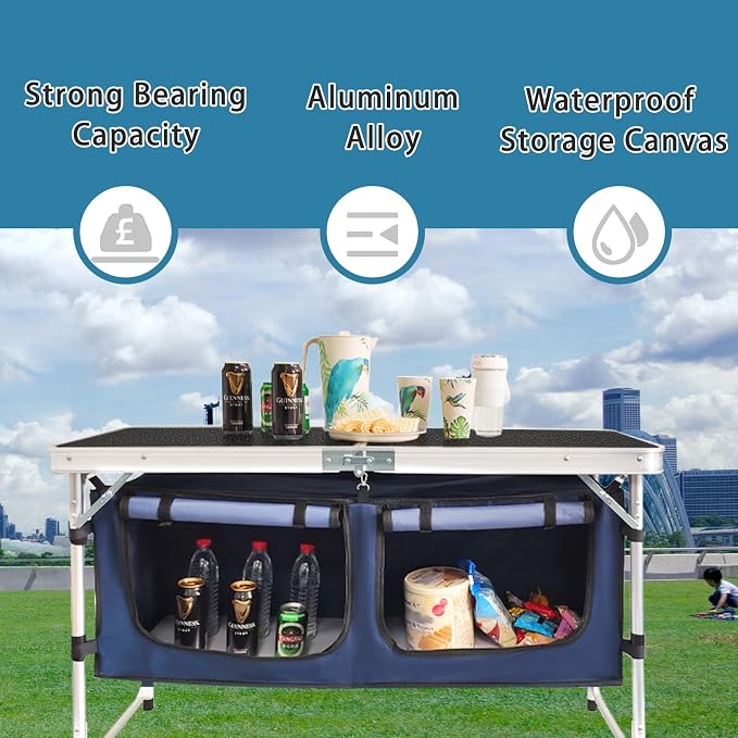 CampLand Outdoor Folding Table Aluminum Lightweight Height Adjustable with Storage Organizer for BBQ, Party, Camping - Image 3