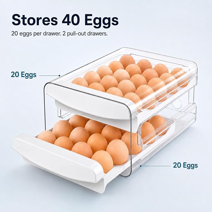 Egg Holder for Fridge, 40-Egg Refrigerator Organizer with Drawers | Egg Storage for Refrigerator, Clear Egg Container, 2-Tier Egg Tray for Fridge, Stackable Lid, BPA-free PET and PP, Hand Wash. - Image 4