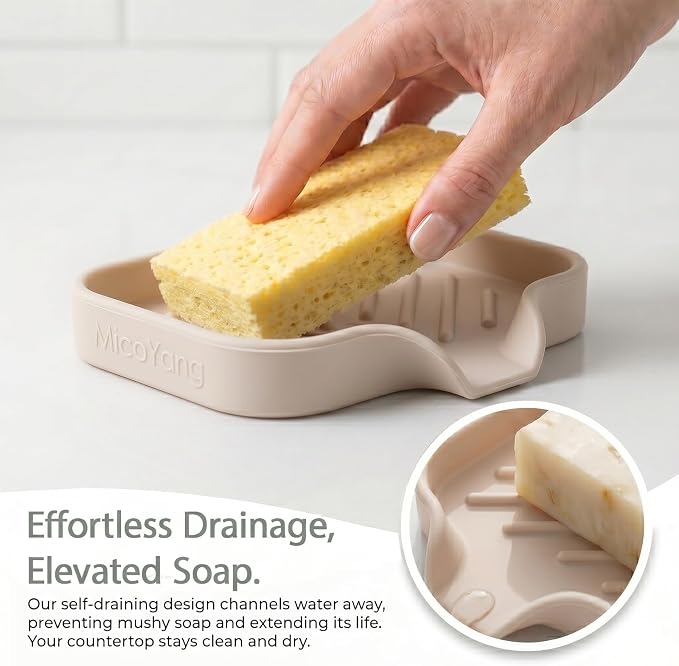 MicoYang Silicone Soap Dish with Drain Spout, Self-Draining Sink Organizer Tray for Bathroom and Kitchen, Sponges, Dispensers and Soap Holder, Non-Slip & Dishwasher Safe, Tapioca (Compact, 4.9"×3.2") - Image 7
