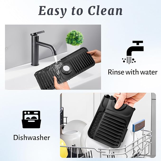 PoYang 14.6 Inch Faucet Mat for Kitchen Sink Splash Guard, Silicone, Black | Sink Protectors with 7° Slope for Smooth Drainage, Snap Button Holds It in Place, 90° Foldable & Cuttable Hole Fit Most Sinks - Image 9