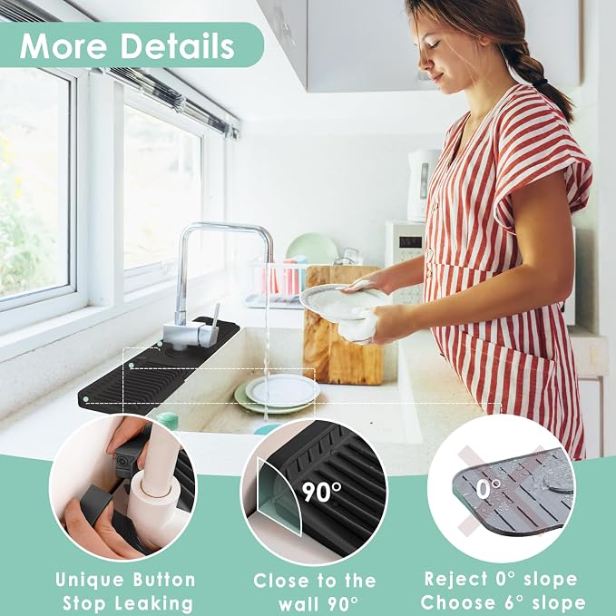 24-Inch Silicone Faucet Mat for Kitchen Sink Splash Guard, 7° Slope | 24"x5.5" water draining mat with fasten button; 1.6-2.75" customizable hole for bathroom, RV & kitchen sink drip catcher. - Image 5