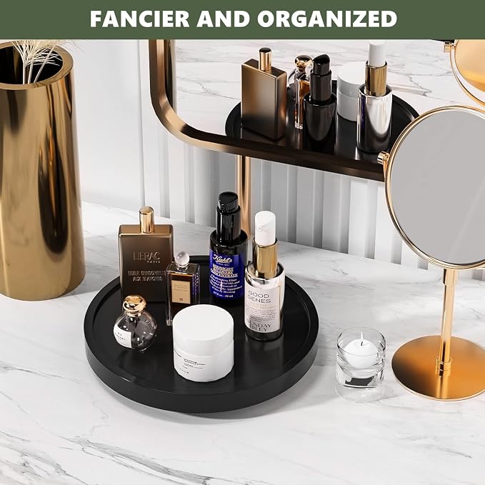 Turntable Vanity Tray, 9 Inch Bamboo Kitchen Sink Countertop Organizer | Perfume Candle Tray, Keep Glass Sponge and Soap, Bathroom Countertop Organizer, Black - Image 3