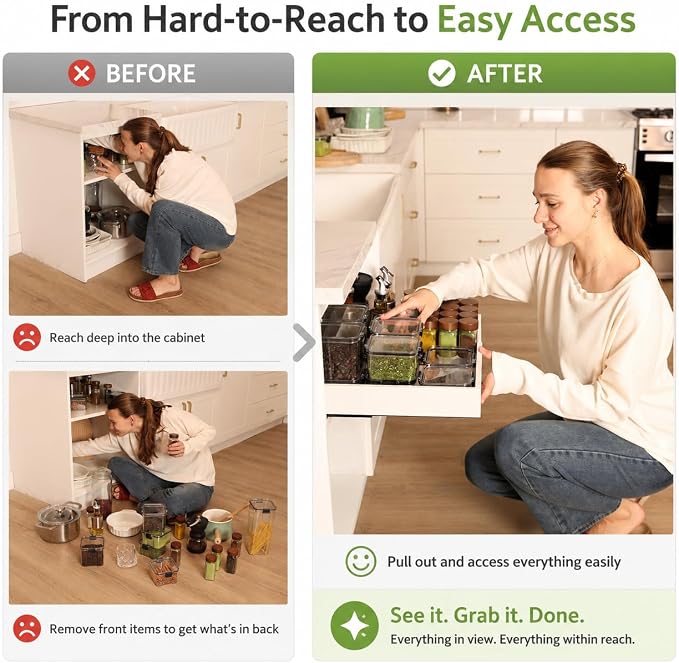 Fokyfok Pull out Cabinet Organizer,Expandable,Upper Cabinet,Kitchen | 18"–25"Wx10"–13"D,No Drill,Pull out Drawers,Cabinet Drawer Slide out,Roll out Shelves,Pantry,Bathroom,Adhesive,Adjustable,1PC - Image 2