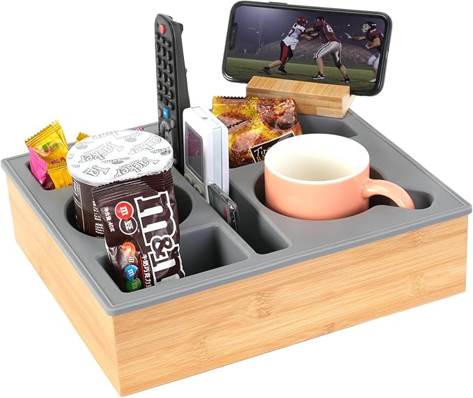 Couch Cup Holder Tray, Handy Silicone Bamboo Couch Caddy with Rotatable Phone Holder for Bed Car Seat Organizer, Waterproof Anti-spill Sofa Cup Holder for Snacks Beverage Remote (Gray) by Hitseon