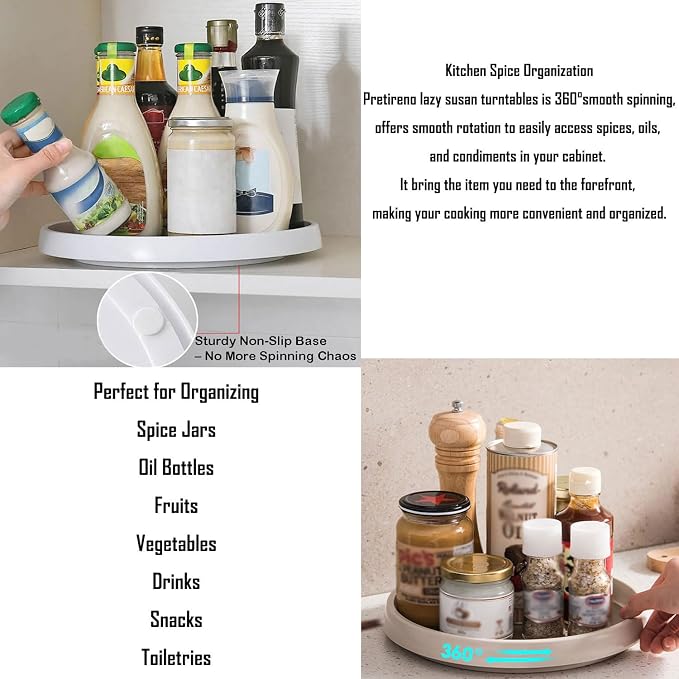 2 Tier Non Skid Spice Rack Turntable, 10 Inch Spinning Organizer, Non Skid Lazy Susan Turntable, 360° Rotating Seasoning Organizer for Kitchen, Pantry Cabinet, Refrigerator, Bathroom, Gray & White - Image 9