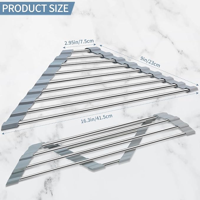 Triangle Roll-Up Dish Drying Rack | 304 Stainless Steel, Folding, Over Sink Mat Drainer, Kitchen Sink Organizer, Right-Angle Drainer, Sink Drain Basket - Image 2