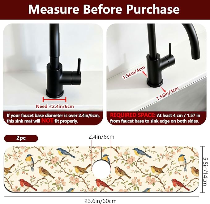 2 Pcs Kitchen Sink Splash Guard Faucet Mat Vintage Watercolor Bird Pattern Faucet Mat for Sinks Flower Absorbing Drying Mats for Kitchen Bathroom - Image 2