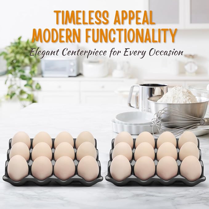 Flexzion 12 Cups Ceramic Egg Holder for Fridge - Dozen Ceramic Egg Tray Porcelain Container Storage Organizer Decorative Serving Stand Serveware for Refrigerator Countertop Display (Black, 2 Pack) - Image 5