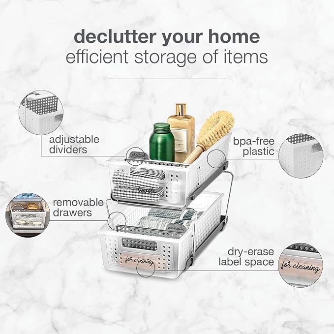 madesmart Two Tier Organizer with Dividers, Frost | pull out bins, tiered access, cleaning supplies, under sink use, pantry bottles, woman owned - Image 4