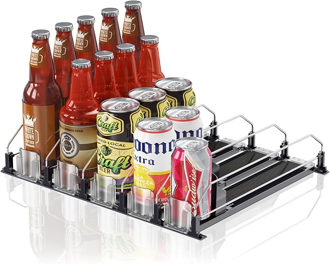 Drink Organizer for Fridge,12oz 16oz 20oz - Soda Can Dispenser for Refrigerator,Width Adjustable,Automatic Pusher Glide (Black, 15" D 5ROW, Holds 25 Cans) by LOVEFORBETTERLIFE