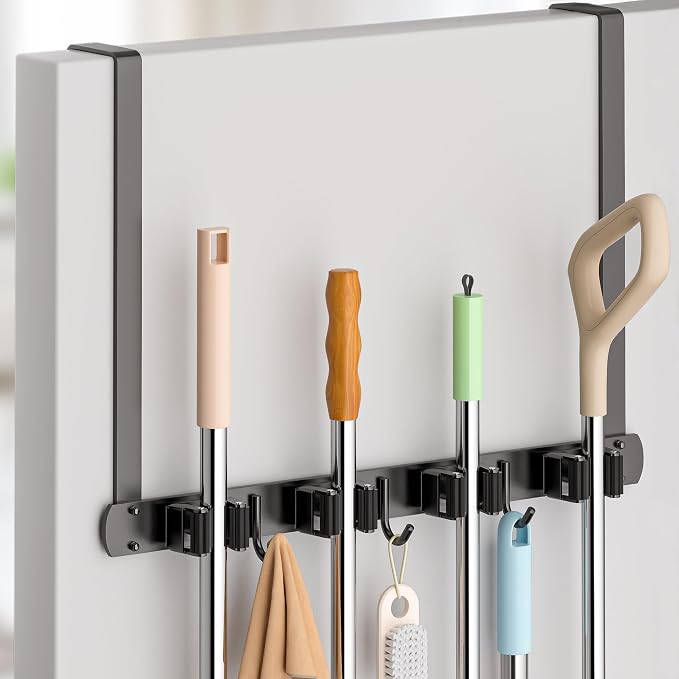 Broom Holder Over The Door with Hooks -304 Stainless Steel (Black) | Save Space, Anti-Rust & Sturdy, Mop and Broom Holder Wall Mounted or Hanging Over The Door, for Garage Laundry Kitchen by PrimZootyDesign