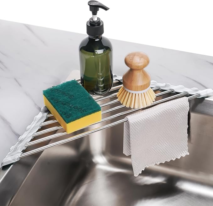 Tomorotec Marble Triangle Roll-Up Dish Drying Rack for Sink Corner - Small, Foldable, Stainless Steel, Multipurpose Kitchen Drainer Caddy, Trivet, Rustproof Organizer, Storage Shelf | BPA-Free Food-Grade Silicone Edges Foldable Waterproof Rustproof Hea... by Tomorotec