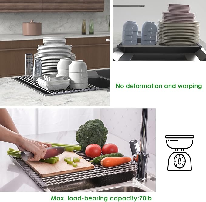 Tomorotec Roll Up Dish Drying Rack Over Sink, SUS304 Steel, 17.7x11.5,Gray | Heat Resistant to 550°F With Non-Slip Silicone Grips, Multipurpose Trivet for Hot Pots, Dishwasher Safe - Image 4
