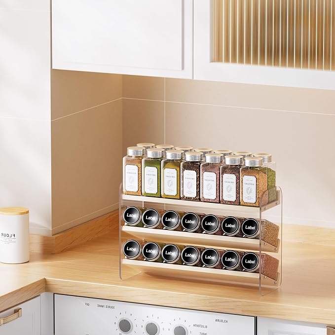 MUDEELA 3 Tiered Spice Rack Organizer for Cabinet, (No Jars Included) | Clear Vertical Spice Shelf, Wooden Seasoning Organizer for Countertop, Kitchen, Pantry, Freestanding, 13.3" W × 11.2" H - Image 2