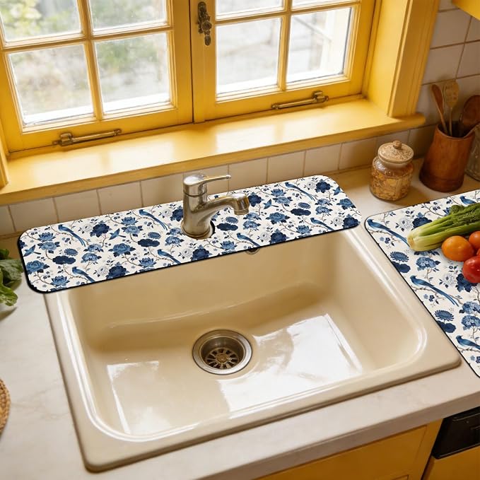 3 Pcs 2 Size Kitchen Sink Splash Guard Faucet Mat Blue Flowers and Birds Pattern Faucet Mats for Sinks Vintage Flower Absorbing Drying Mat for Kitchen Bathroom - Image 5