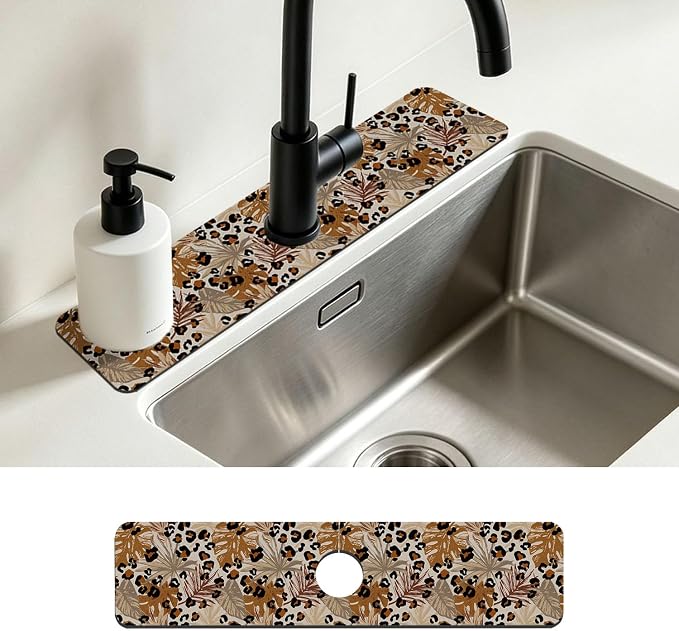 Kitchen Faucet Mat Brown Tropical Palm Leaf Sink Splash Guard Behind Faucet Draining Mat Kitchen Accessories Non-slip Easy to Clean for Bathroom & Kitchen 24"X5.5" by Unknown