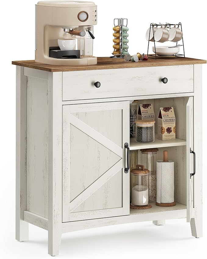 VASAGLE LIRY Collection - Buffet Cabinet, Coffee Bar Cabinet with a Drawer, Adjustable Shelf, Sideboard Storage with Cable Hole, Drawer Divider, Rustic White and Honey Brown UBBK341W01V1S by Unknown