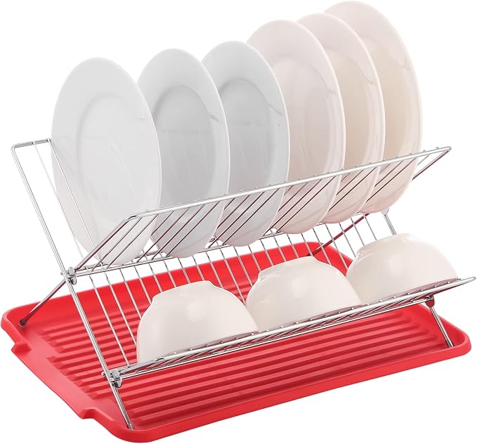 J&V TEXTILES Foldable Dish Drying Rack with Drainboard, Stainless Steel 2 Tier Drainer, Collapsible Folding Rack for Kitchen Sink, Countertop, Cutlery, Plates (Red) - Image 6