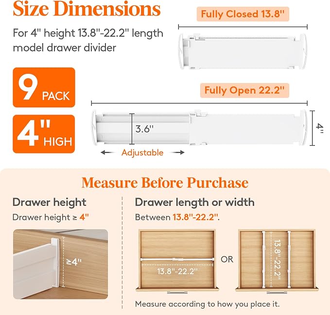 Lifewit 9 Pack 4" High Drawer Dividers, Adjustable Drawer Organizer Clothes | 13.8"-22.2" Expandable White Plastic Separators for Dresser, Kitchen, Cabinet, Nursery, Office, Socks & Underwear Storage - Image 2