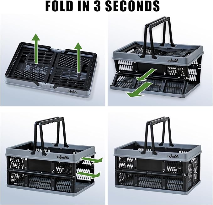 20L Plastic Basket with handles,2-pack Black Collapsible crates for storage | 14.96"x9.84"x7.87" foldable shopping basket ,foldable crate with Handles for car Classroom Kitchen Bathroom Medicine Milk - Image 7