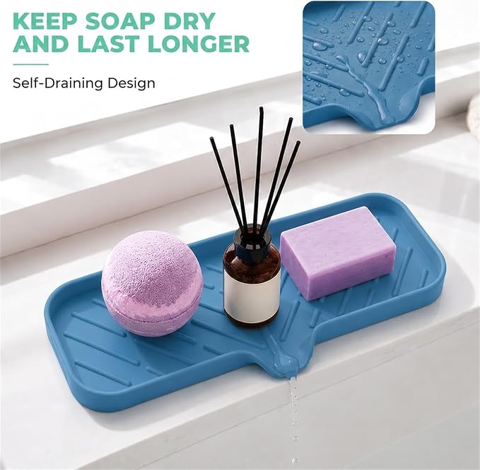 MicoYang Silicone Soap Dish with Drain Spout — Self-Draining Double Sink Organizer Tray for Kitchen & Bath, Dispensers, Sponges & Soap Holder, Non-Slip & Dishwasher Safe, Lichen Blue (Large, 12"×4") - Image 7