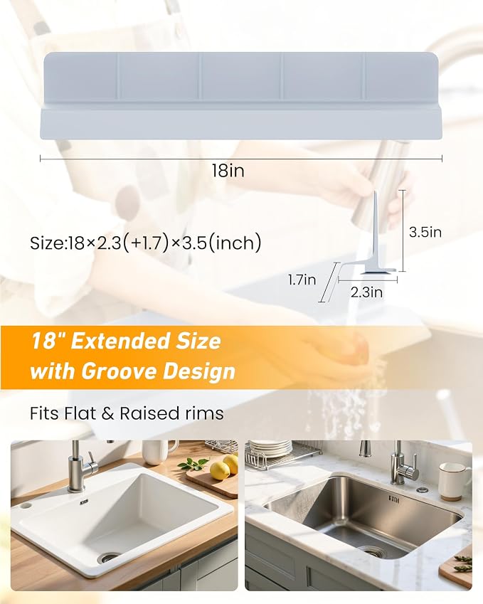 Sink Splash Guard 18" 23" 30" Silicone Water Guard with Strong Suction Cups, Faucet & Countertop Protector, Bathroom & Sink Edge Splash Guard Strip, Dishwasher Safe-Grey 18" - Image 4