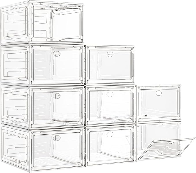 Large Thick Clear Shoe Organizer, Magnetic Door Stackable Shoe Storage Box | Foldable Shoe Storage Boxes for Sneakers & Boots, Space-Saving Closet Shoe Cabinet with Clear Magnetic Door, 9 Pack White by 7+code
