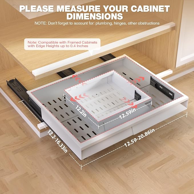 Seinloes Pull Out Cabinet Organizer, 4-Side Expandable to Fit Most Cabinets, 3 Rail Slide Out Drawers with Raising Pad for Framed & Frameless Cabinets, 13"-21" W x 13"-17" D, White, 2 Pack - Image 3
