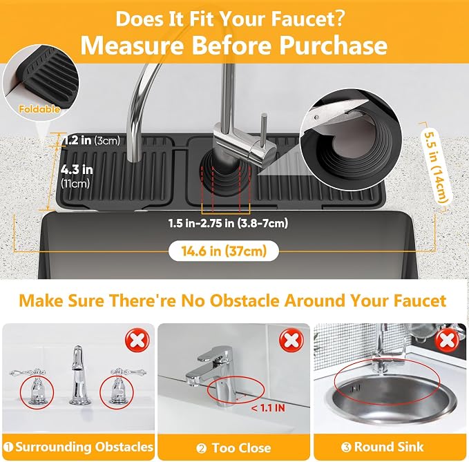 14.6 inch Faucet Mat for Kitchen Sink Splash Guard[7° Slope Fast Self-draining][Snap Lock Fit]Kitchen Sink Faucet Mat Splash Guard Kitchen Sink Area Water Splash Guard Behind Faucet Draining Mat - Image 2