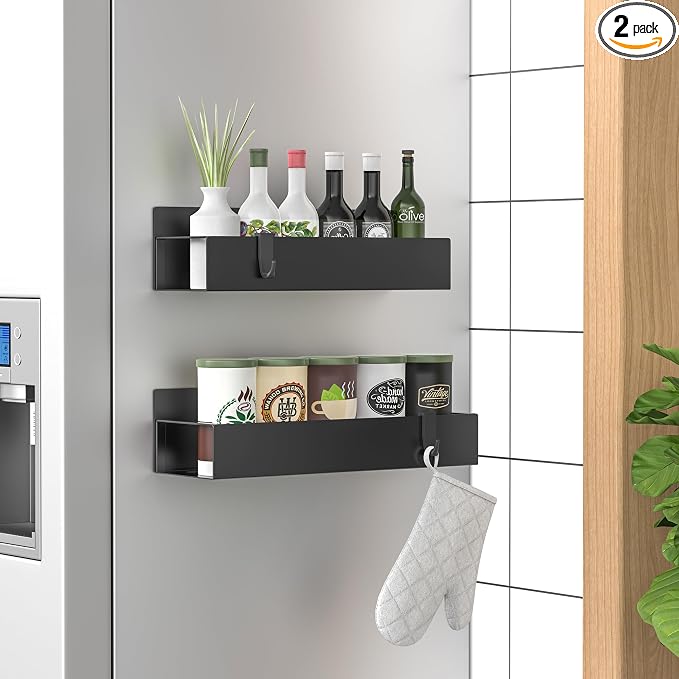 2 Pack Magnetic Spice Storage Rack Organizer for Refrigerator and Oven, Matt Black Fridge Organizers and Storage | Magnetic Shelves Heavy Duty for Fridge in Kitchen, Seasoning Storage Organizer, For Oven Washer and Dryer, For Heavier Items by HuggieGems