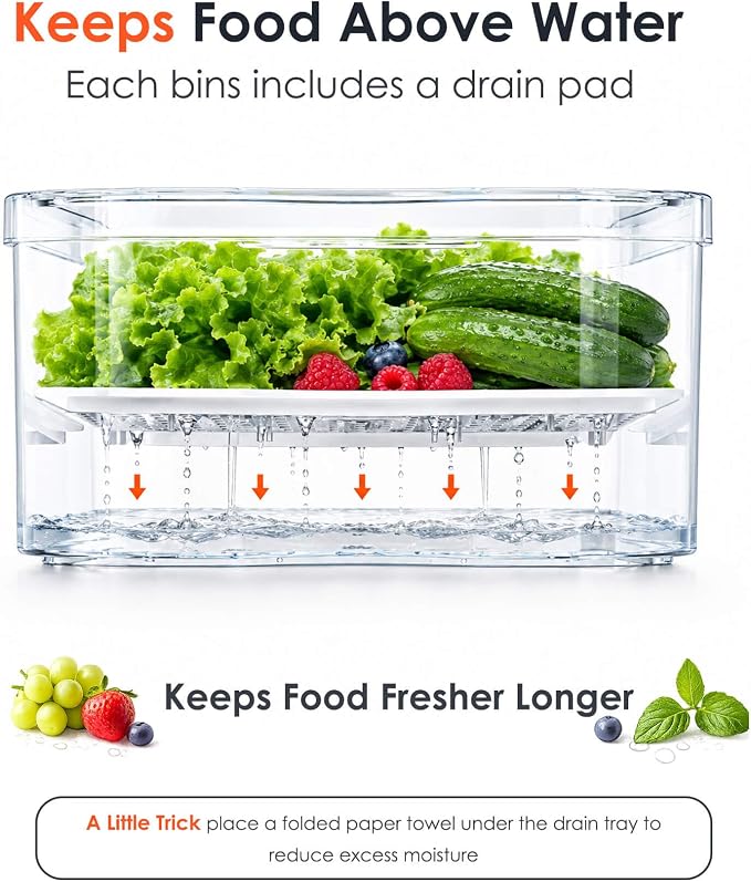 SMRCAD Clear Fridge Bins with Drain Trays - BPA-Free PET, Stackable(3 Pack) | 3 Pack: 1 Drawer + 2 lidded Bins, Helps Keep Produce Fresh, 12.5L Capacity, Hand Wash Only - Image 3