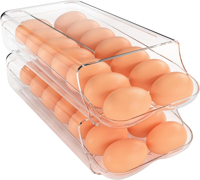 theaoo Egg Holder for Fridge, Automatic Rolling Egg Container, Clear, 2Pack | Quick Removable Inner Tray For Easy Egg Loading. Stackable Egg Dispenser For Refrigerator Storage and Organization by theaoo