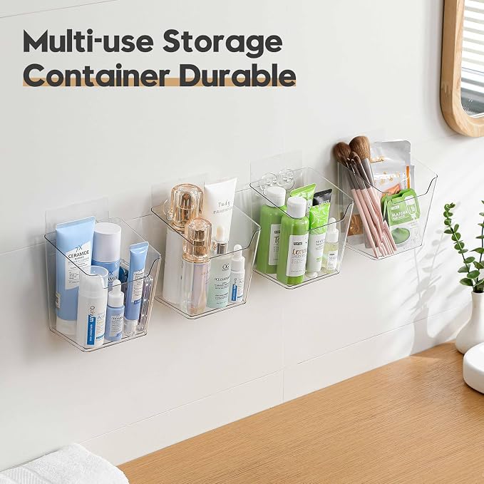 Clear Acrylic Pen Holder, 6 Pack Cabinet Door Organizer Adhesive, Bathroom Wall Mount Caddy Kitchen Plastic Storage Bin Box for Office Marker,Art Supply, Small Cleaning Supply, Seasoning Drink Packet - Image 3