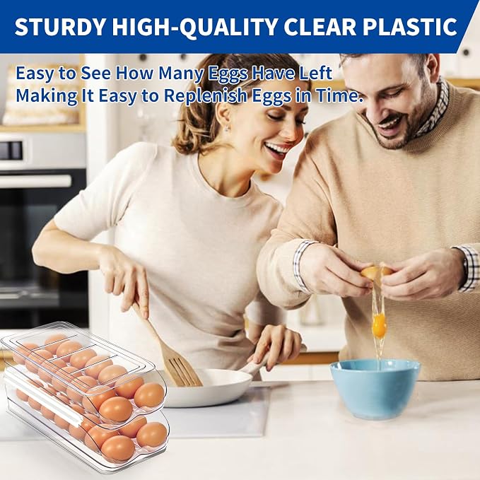 MesRosa Egg Holder for Fridge, Automatic Rolling Egg Organizer -3 Layer | Stackable Clear Egg Container & Tray for Refrigerator, Durable Dispenser and Storage with Sturdy Lid to Saving Space - Image 5