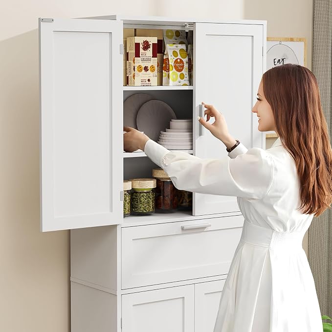 Iwell 67" Tall Storage Cabinet with Adjustable Shelf & 1 Large Drawer, Pantry Cabinet with 4 Doors, Kitchen Cabinets for Dining Room, Living Room, Home Office, White | Adjustable Shelf - Image 6