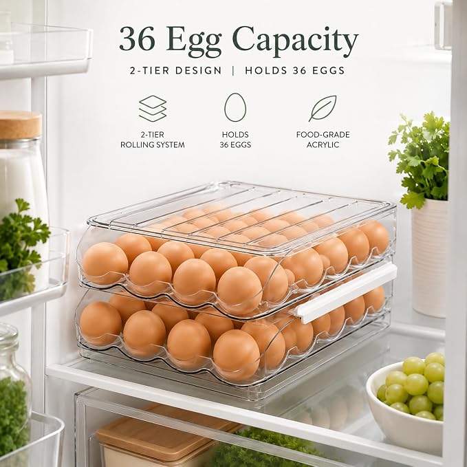 36 Egg Dispenser For Refrigerator, Egg Tray For Refrigerator, Automatic Rolling Egg Holder For Fridge, BPA-Free Clear Egg Tray. - Image 2