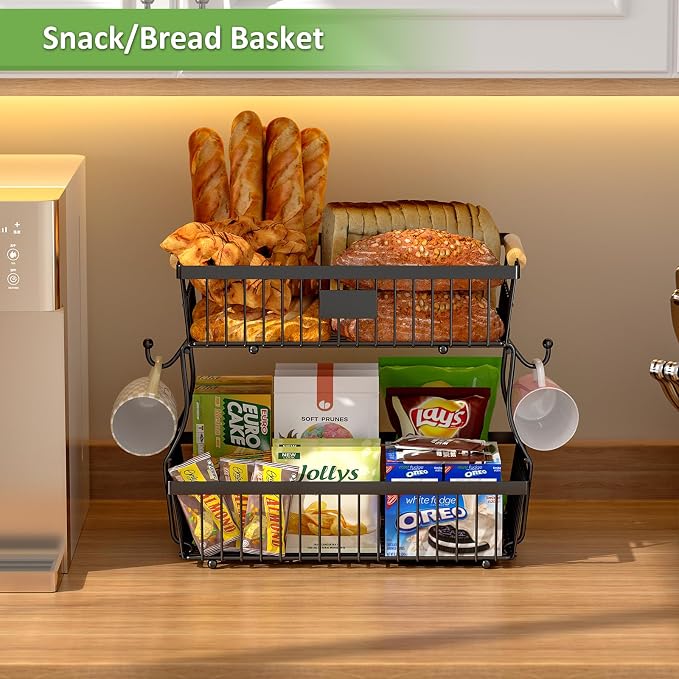 2 Tier Fruit Basket for Kitchen Counter with 2 Banana Hangers, Countertop Metal Bread Basket with Wooden Handle, Large Storage Stand for Vegetables, Snacks, Eggs, Produce Storage – Black - Image 3