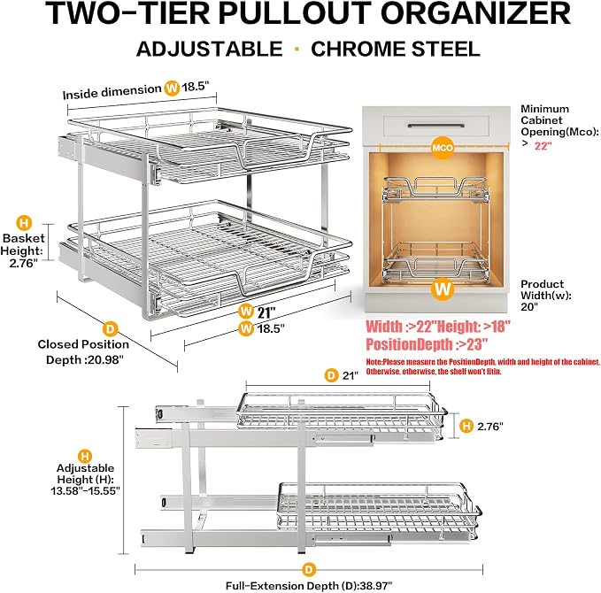 2-Tier Kitchen Cabinet Pull Out Shelf and Drawer Organizer Slide Out Pantry Storaqe Basket in Multiple Sizes (21" W x 21" D,) - Image 2