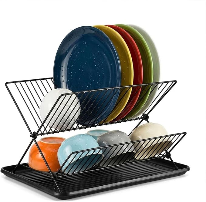 Black Foldable Double-Tier Dish Rack Large-Capacity Expandable Dish Rack, Rust-Proof Dish Rack, Draining Tray Suitable for Kitchen Worktops (Black) by Unknown